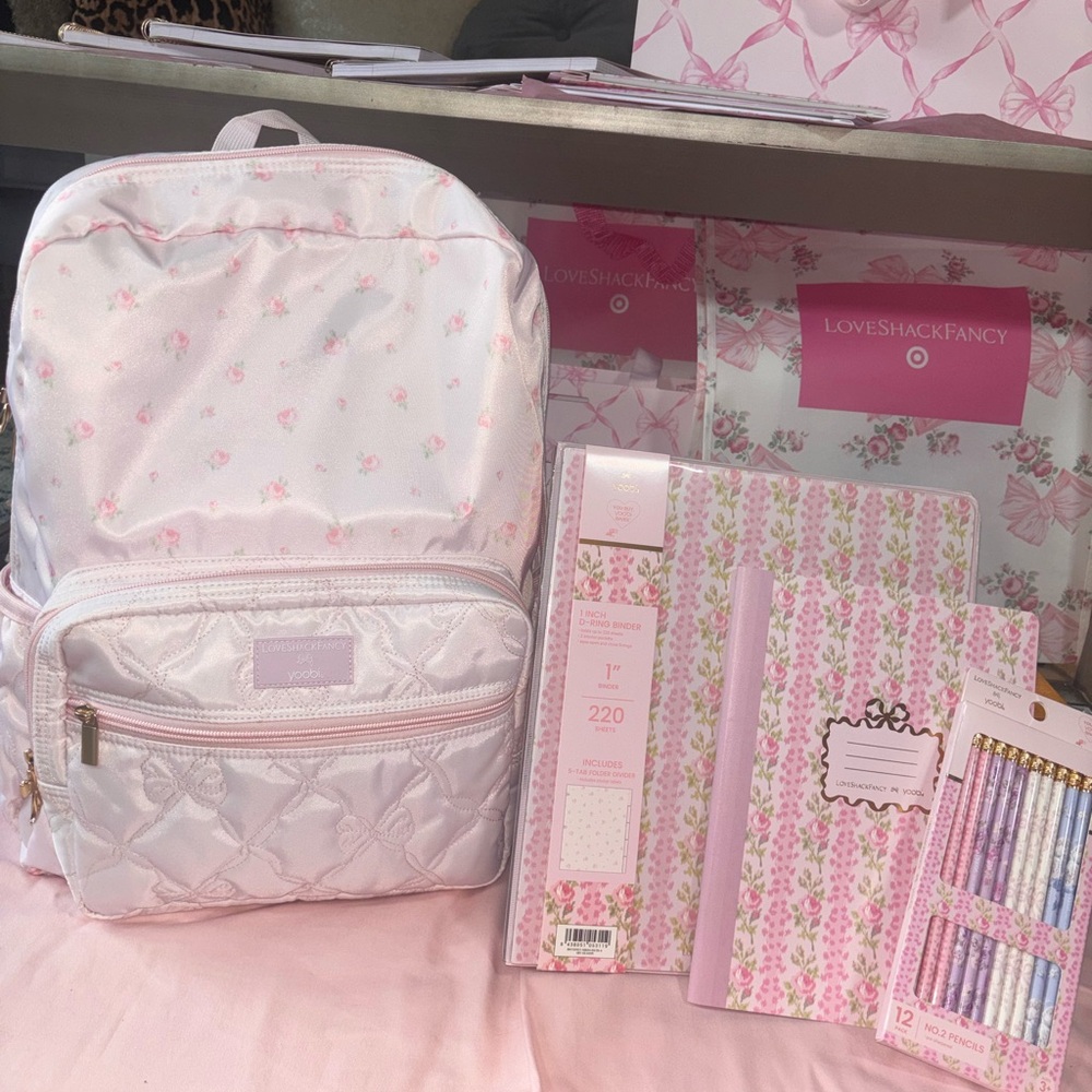 LoveShackFancy pink floral backpack, binder & composition notebook